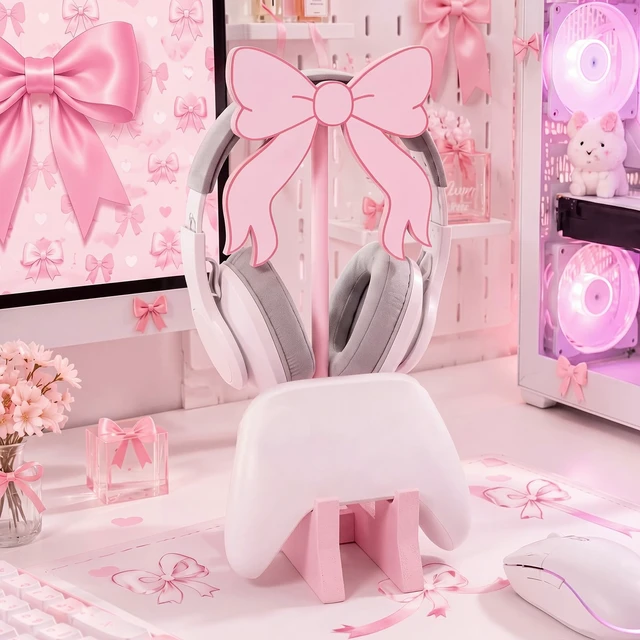 Alt view image 4 of 6 - Mifoci Pink Bow Headphone Stand with Gaming Controller Holder | Cute Wooden Controller and Headset Stand Pink Computer Gaming Equipment Accessories for Office Desk Women Gamer Birthday Gift