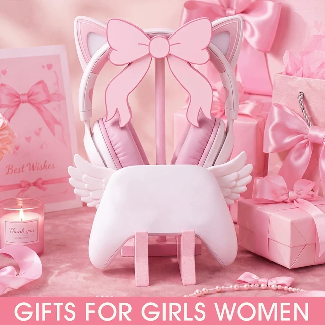 Alt view image 6 of 6 - Mifoci Pink Bow Headphone Stand with Gaming Controller Holder | Cute Wooden Controller and Headset Stand Pink Computer Gaming Equipment Accessories for Office Desk Women Gamer Birthday Gift