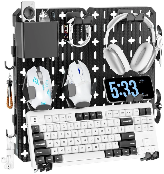 Main image of KDD Keyboard and Mouse Display Stand Holder, Wall Mount Office Organization Pegboard Combination Kit with Pen holder, Hooks, Headset & Controller Stand for Office & Home Hanging Organizer Storage