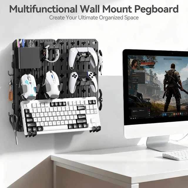 Alt view image 2 of 7 - KDD Keyboard and Mouse Display Stand Holder, Wall Mount Office Organization Pegboard Combination Kit with Pen holder, Hooks, Headset & Controller Stand for Office & Home Hanging Organizer Storage