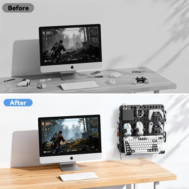 Alt view image 3 of 7 - KDD Keyboard and Mouse Display Stand Holder, Wall Mount Office Organization Pegboard Combination Kit with Pen holder, Hooks, Headset & Controller Stand for Office & Home Hanging Organizer Storage