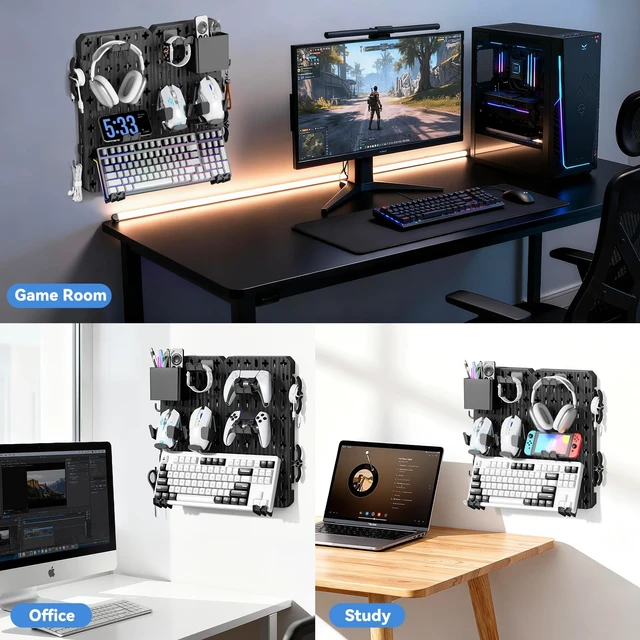 Alt view image 6 of 7 - KDD Keyboard and Mouse Display Stand Holder, Wall Mount Office Organization Pegboard Combination Kit with Pen holder, Hooks, Headset & Controller Stand for Office & Home Hanging Organizer Storage