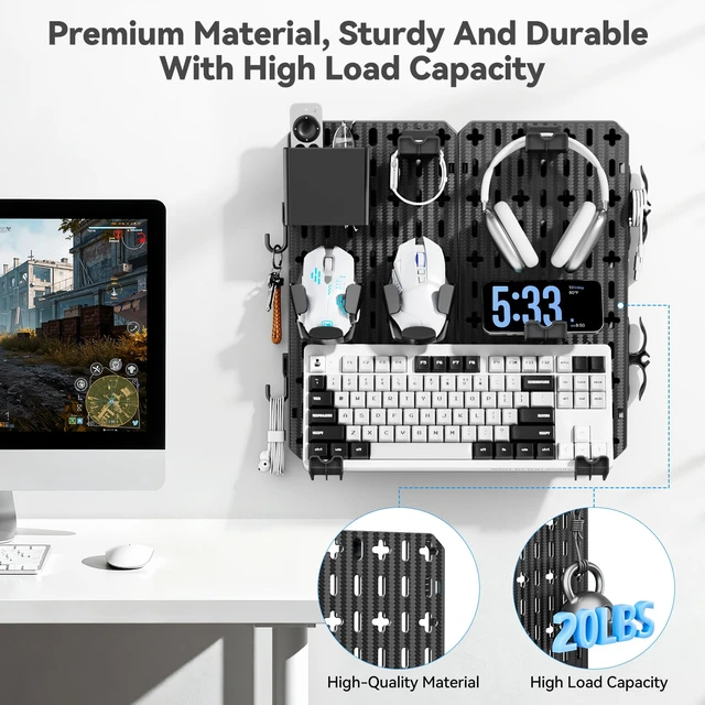 Alt view image 7 of 7 - KDD Keyboard and Mouse Display Stand Holder, Wall Mount Office Organization Pegboard Combination Kit with Pen holder, Hooks, Headset & Controller Stand for Office & Home Hanging Organizer Storage