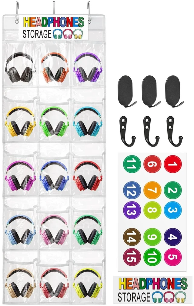 Main image of ProtectHobby Headphone Storage Classroom Headphone Organizer 15 Pockets PVC Clear Organizer Holder for School Cell Phones Calculators, With Headphone Storage Stickers & Digital Stickers