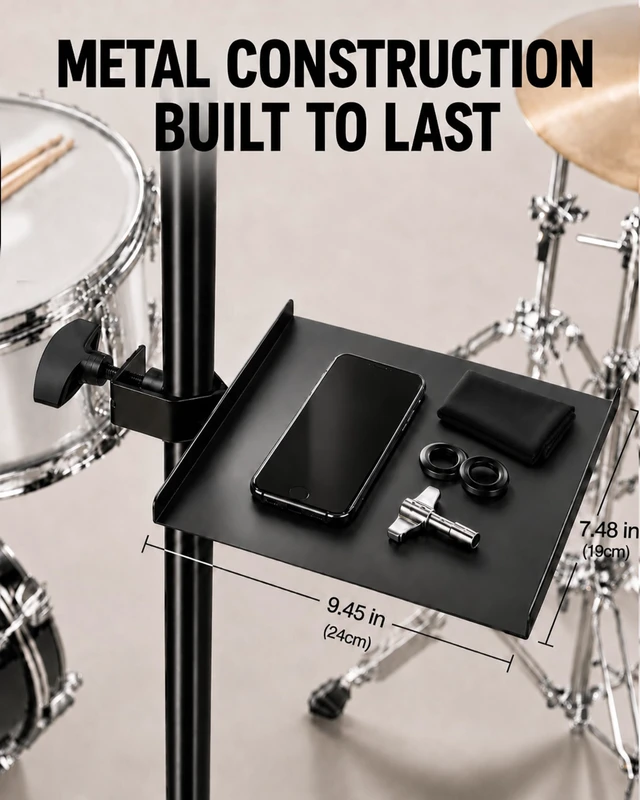 Alt view image 4 of 6 - Drum Accessory Tray with Clamp, Percussion Table for Drum Set, Microphone Stand Tray, Clamp-On Drum Shelf, Adjustable Holder for Drumsticks, Headphones, Phones & Accessories, 7.5 x 9.5 inch