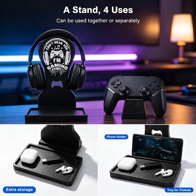 Alt view image 2 of 7 - Gamer Gifts for Teenage,Headphone Stand with Controller Holder & Storage | Birthday Gifts, Gamer Lovers Room Decor Stuff Wooden Headset Holder for Christmas