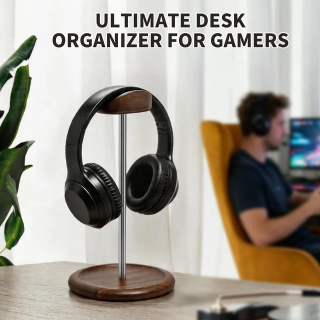 Alt view image 7 of 7 - Oxmidud Universal Headset Stand for Desk with Walnut Storage Base | Walnut Wood Stainless Steel Headphone Holder, Gaming Equipment Accessories, Desk Organizer, Gifts for Gamers Men Boyfriend