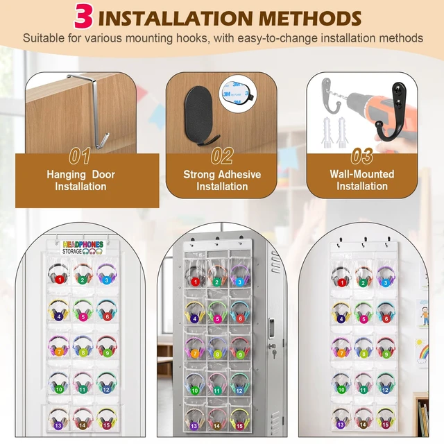 Alt view image 5 of 7 - ProtectHobby Headphone Storage Classroom Headphone Organizer 15 Pockets PVC Clear Organizer Holder for School Cell Phones Calculators, With Headphone Storage Stickers & Digital Stickers