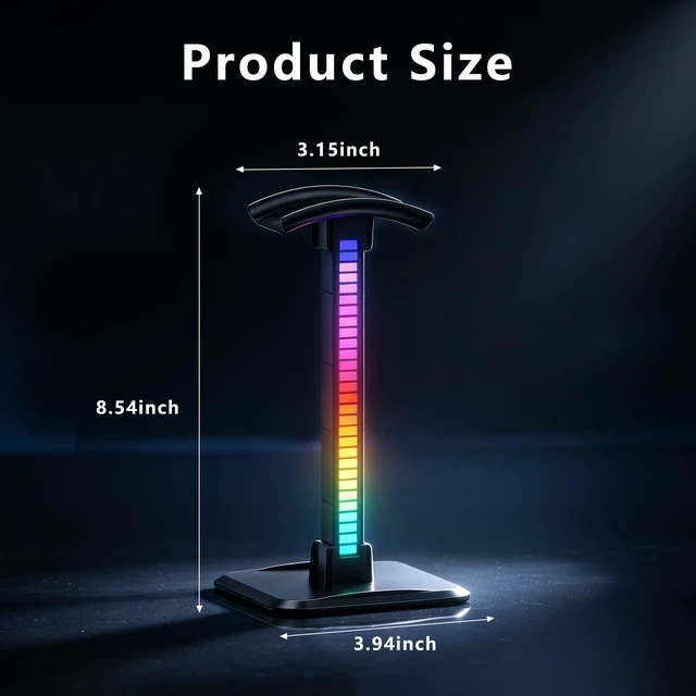 Alt view image 2 of 7 - BBMars RGB Headphone Stand,Desk Gaming Headset Holder for Gamers, Black | Voice Control, Multi Color & Dynamic Modes, USB C Charging, No Slip Base for Gaming Room, Table Game & Earphone Accessories