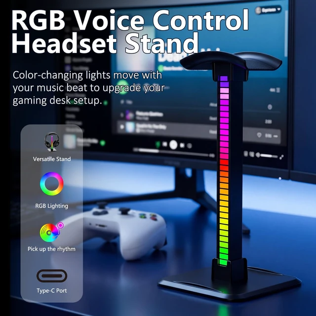 Alt view image 3 of 7 - BBMars RGB Headphone Stand,Desk Gaming Headset Holder for Gamers, Black | Voice Control, Multi Color & Dynamic Modes, USB C Charging, No Slip Base for Gaming Room, Table Game & Earphone Accessories