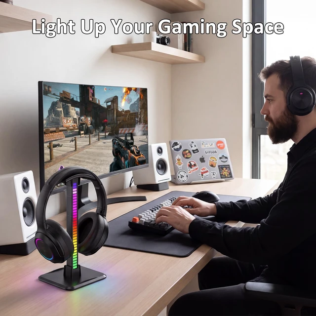 Alt view image 6 of 7 - BBMars RGB Headphone Stand,Desk Gaming Headset Holder for Gamers, Black | Voice Control, Multi Color & Dynamic Modes, USB C Charging, No Slip Base for Gaming Room, Table Game & Earphone Accessories