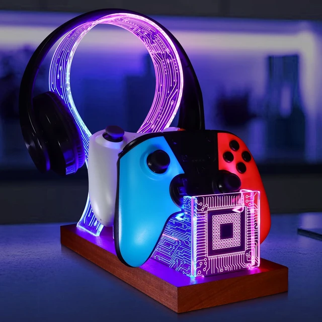 Main image of YuanDian Gamer Gifts for Teenage Boy, Desk Gaming Headset and Controller Stand with Blue Pink LED Night Light, Acrylic Wooden Controller Holder with PCB Pattern, Desk Decor Gift