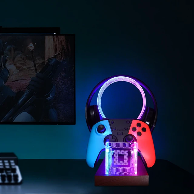 Alt view image 2 of 7 - YuanDian Gamer Gifts for Teenage Boy, Desk Gaming Headset and Controller Stand with Blue Pink LED Night Light, Acrylic Wooden Controller Holder with PCB Pattern, Desk Decor Gift