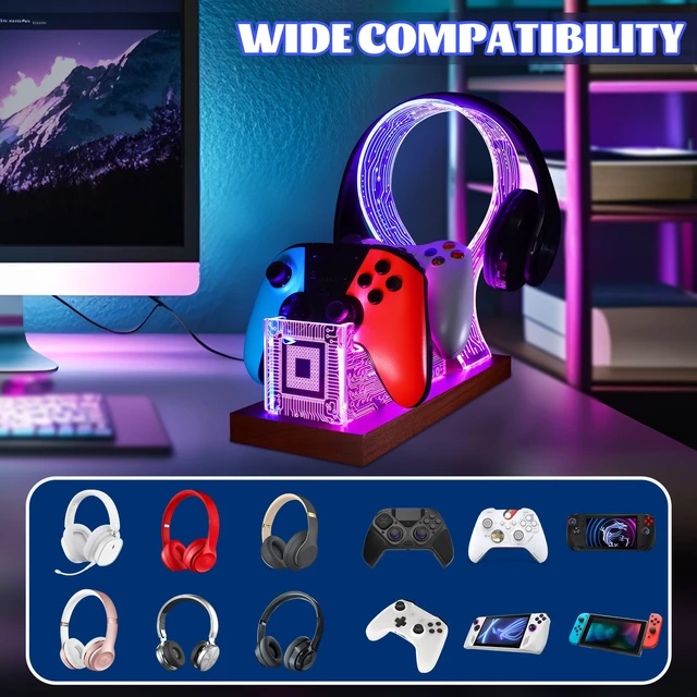 Alt view image 3 of 7 - YuanDian Gamer Gifts for Teenage Boy, Desk Gaming Headset and Controller Stand with Blue Pink LED Night Light, Acrylic Wooden Controller Holder with PCB Pattern, Desk Decor Gift