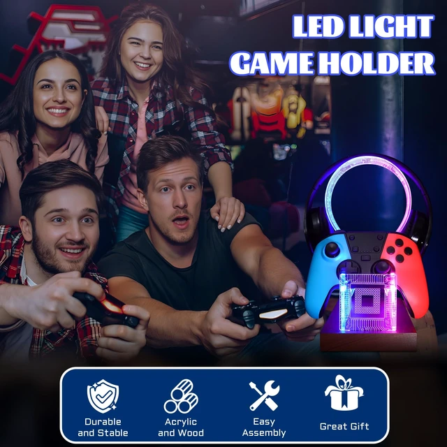 Alt view image 4 of 7 - YuanDian Gamer Gifts for Teenage Boy, Desk Gaming Headset and Controller Stand with Blue Pink LED Night Light, Acrylic Wooden Controller Holder with PCB Pattern, Desk Decor Gift