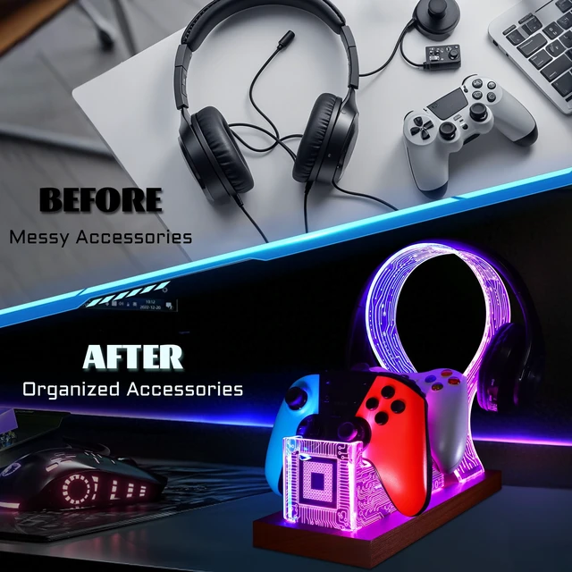 Alt view image 5 of 7 - YuanDian Gamer Gifts for Teenage Boy, Desk Gaming Headset and Controller Stand with Blue Pink LED Night Light, Acrylic Wooden Controller Holder with PCB Pattern, Desk Decor Gift