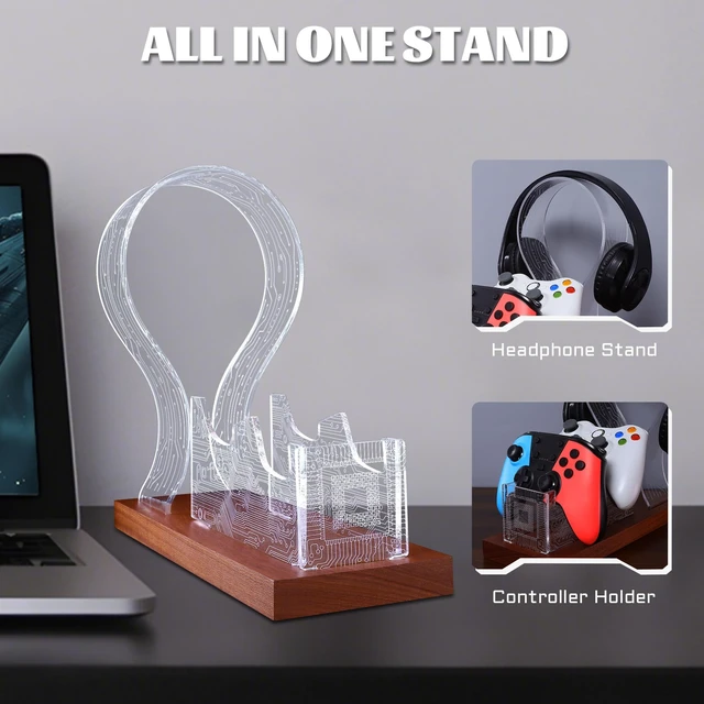 Alt view image 6 of 7 - YuanDian Gamer Gifts for Teenage Boy, Desk Gaming Headset and Controller Stand with Blue Pink LED Night Light, Acrylic Wooden Controller Holder with PCB Pattern, Desk Decor Gift
