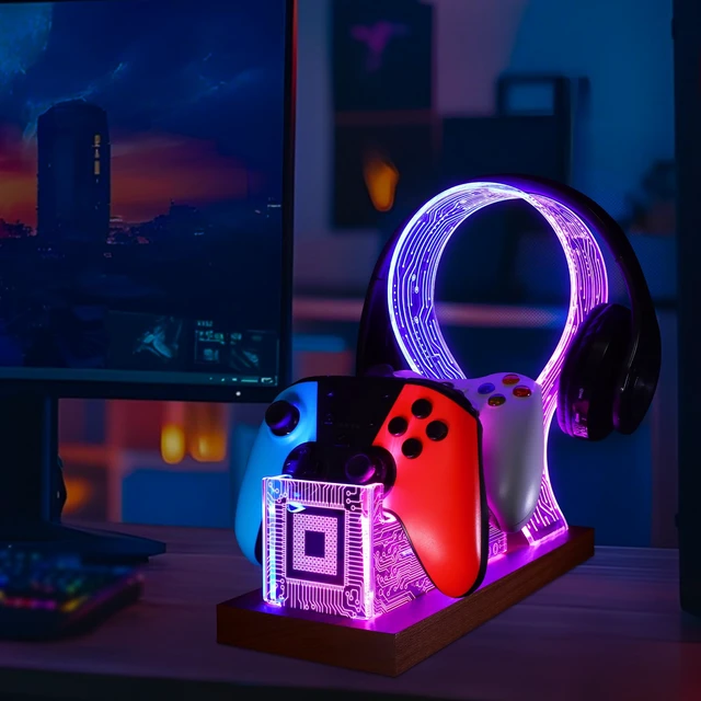 Alt view image 7 of 7 - YuanDian Gamer Gifts for Teenage Boy, Desk Gaming Headset and Controller Stand with Blue Pink LED Night Light, Acrylic Wooden Controller Holder with PCB Pattern, Desk Decor Gift