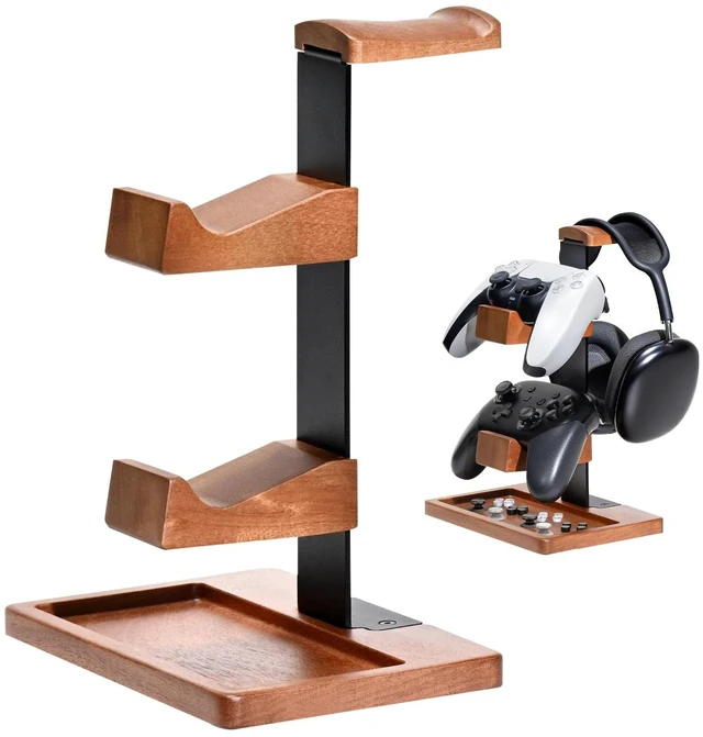 Main image of DecorYc Solid Wood Dual Controller Holder & Headphone Stand | Gaming Equipment Desk Organizer, Game Controller Holder Headset Rack, Gift for Gamers Husband Boyfriend