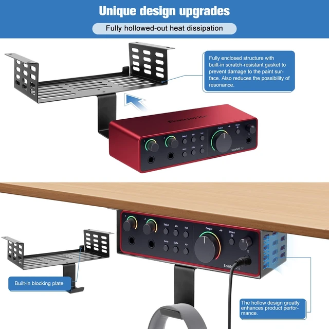 Alt view image 3 of 7 - Metal Under Desk Mount for Focusrite Scarlett 2i2 4th Gen with Adjustable Headphone Hanger Stand, Metal Under Desk Mount for Audio Interfaces and Studio Gear (Only for Focusrite Scarlett 2i2 4th Gen)