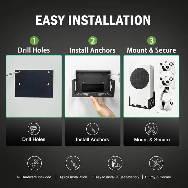 Alt view image 4 of 7 - BracNova Wall Mount Kit for Xbox Series S,Steel Mount Includes Detachable Controller Holder and Headphone Stand NOT for Xbox ONE S