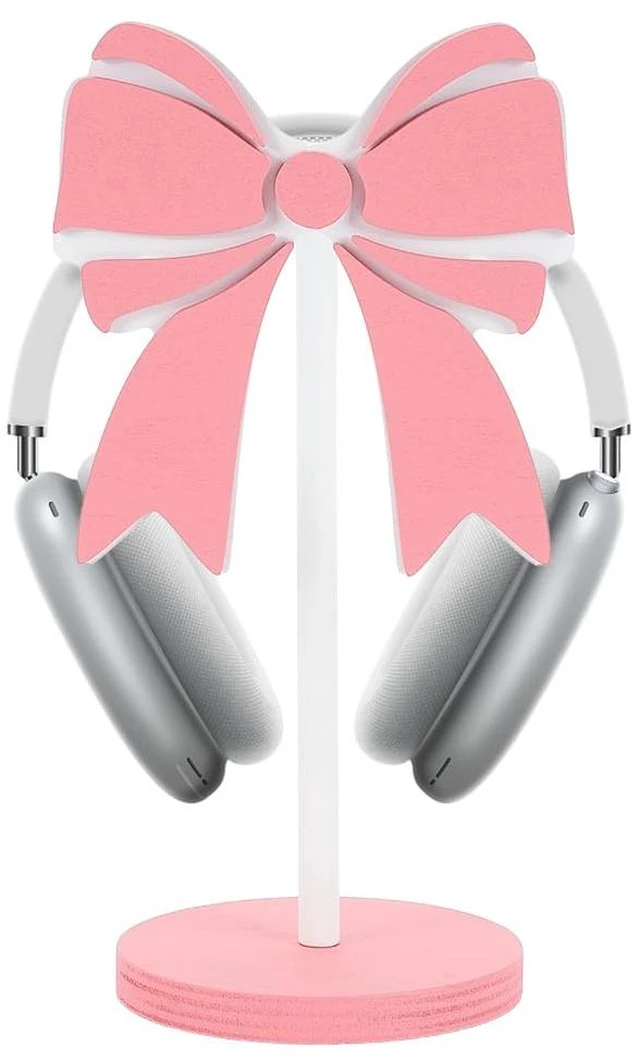 Main image of WEBEEDY Pink Bow Wood Headphone Stand Cute Pine Wood Gaming Headset Holder | with Large Base, for Desk Space Saving Organizer Desktop Setup Accessories, Room Decor, 9.84*4.72INCH