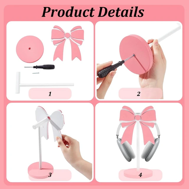 Alt view image 3 of 5 - WEBEEDY Pink Bow Wood Headphone Stand Cute Pine Wood Gaming Headset Holder | with Large Base, for Desk Space Saving Organizer Desktop Setup Accessories, Room Decor, 9.84*4.72INCH