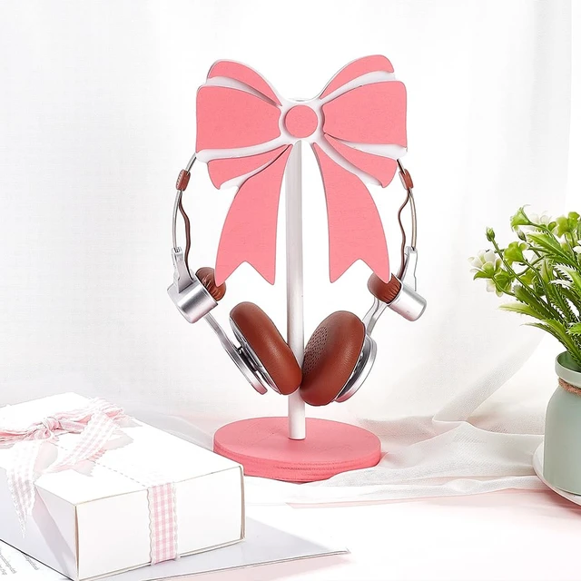 Alt view image 4 of 5 - WEBEEDY Pink Bow Wood Headphone Stand Cute Pine Wood Gaming Headset Holder | with Large Base, for Desk Space Saving Organizer Desktop Setup Accessories, Room Decor, 9.84*4.72INCH