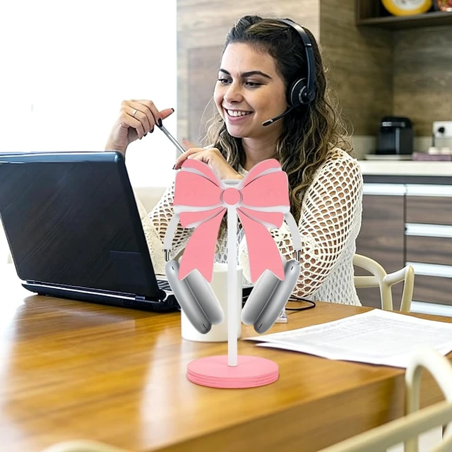Alt view image 5 of 5 - WEBEEDY Pink Bow Wood Headphone Stand Cute Pine Wood Gaming Headset Holder | with Large Base, for Desk Space Saving Organizer Desktop Setup Accessories, Room Decor, 9.84*4.72INCH