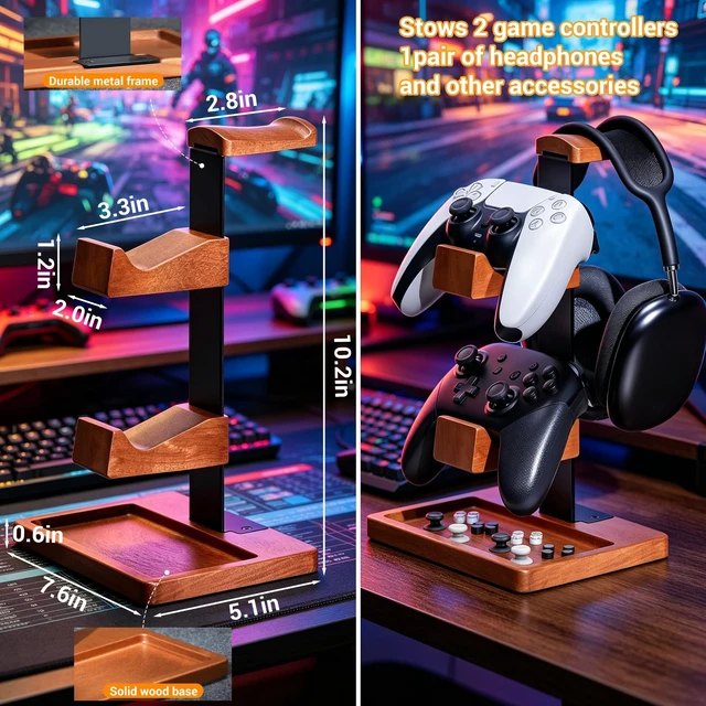 Alt view image 2 of 5 - DecorYc Solid Wood Dual Controller Holder & Headphone Stand | Gaming Equipment Desk Organizer, Game Controller Holder Headset Rack, Gift for Gamers Husband Boyfriend