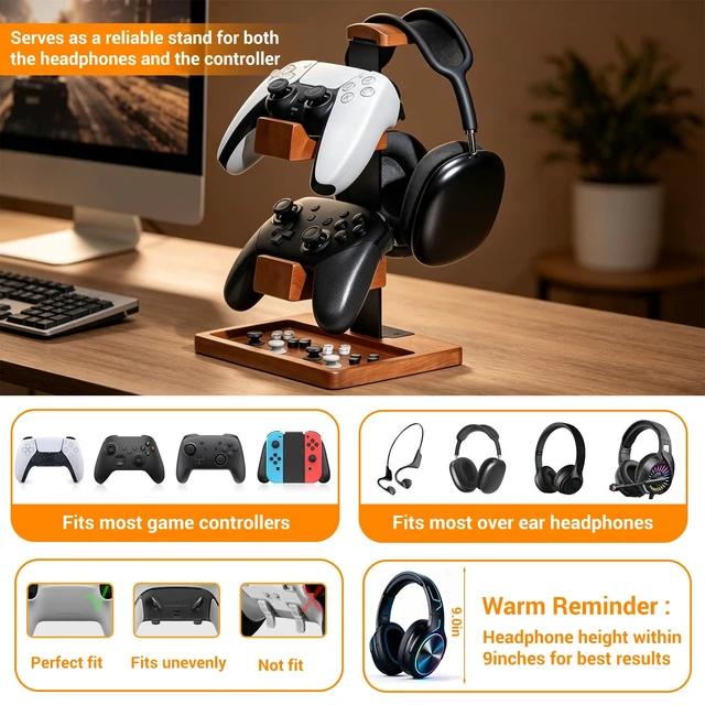 Alt view image 3 of 5 - DecorYc Solid Wood Dual Controller Holder & Headphone Stand | Gaming Equipment Desk Organizer, Game Controller Holder Headset Rack, Gift for Gamers Husband Boyfriend
