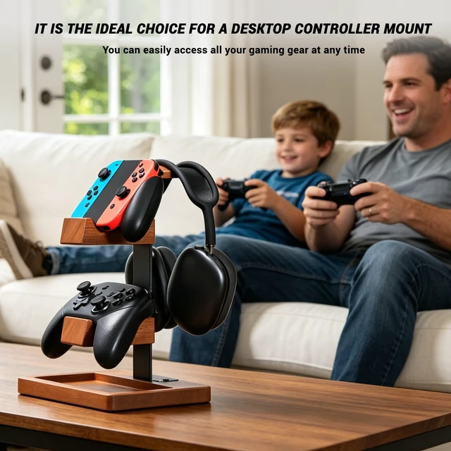 Alt view image 4 of 5 - DecorYc Solid Wood Dual Controller Holder & Headphone Stand | Gaming Equipment Desk Organizer, Game Controller Holder Headset Rack, Gift for Gamers Husband Boyfriend
