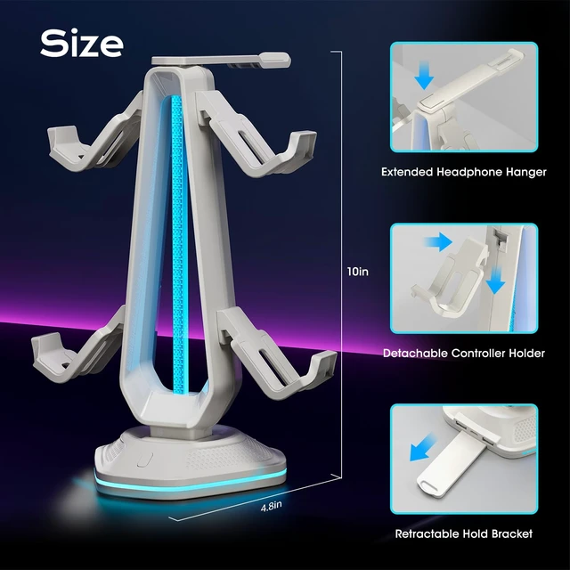Alt view image 2 of 6 - Saitake RGB Controller Stand with 9 Light Modes,Controller Holder with 2 USB Ports,Headphone Holder Suitable for All Headphones and Controller (White)