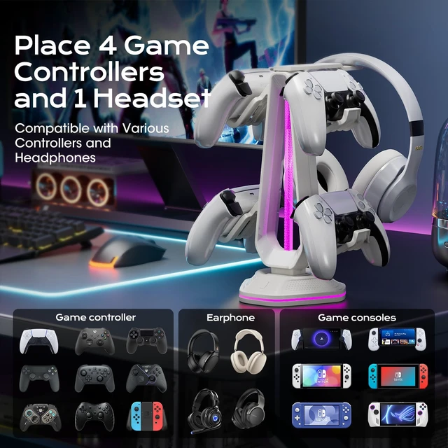 Alt view image 4 of 6 - Saitake RGB Controller Stand with 9 Light Modes,Controller Holder with 2 USB Ports,Headphone Holder Suitable for All Headphones and Controller (White)