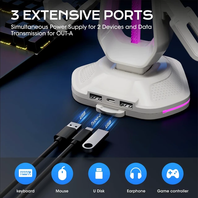 Alt view image 3 of 6 - Saitake RGB Controller Stand with 9 Light Modes,Controller Holder with 2 USB Ports,Headphone Holder Suitable for All Headphones and Controller (White)