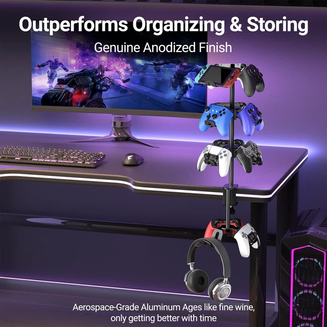 Alt view image 2 of 7 - ANSHAWTIY Aluminum Alloy Controller Holder 4 Layers Headphone Stand,Headset Holder & Desk Mounts for 12 Packs Controller360 Degree Rotation Tier,Gaming Controller Stand for Xbox PS5 PS4 Switch(Black)