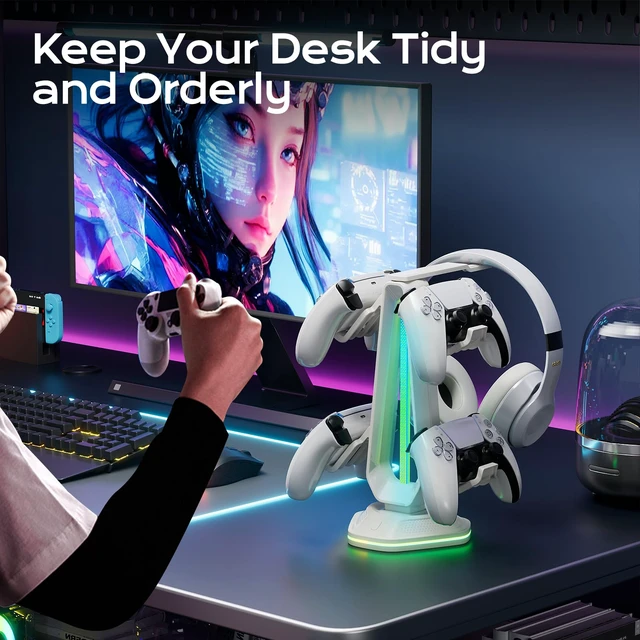 Alt view image 6 of 6 - Saitake RGB Controller Stand with 9 Light Modes,Controller Holder with 2 USB Ports,Headphone Holder Suitable for All Headphones and Controller (White)