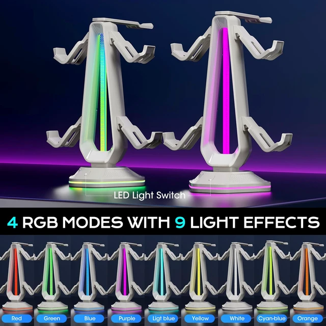 Alt view image 5 of 6 - Saitake RGB Controller Stand with 9 Light Modes,Controller Holder with 2 USB Ports,Headphone Holder Suitable for All Headphones and Controller (White)