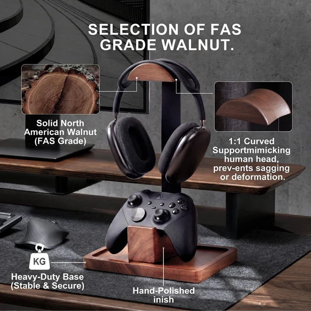 Alt view image 4 of 7 - Eccentfit Headset Stand with Gaming Controller Holder, Wood Stand | Walnut Wood Headphone Stand with Storage Base, Gaming Equipment Accessories for Desk Fits Xbox PS5 PS4 PC Gaming