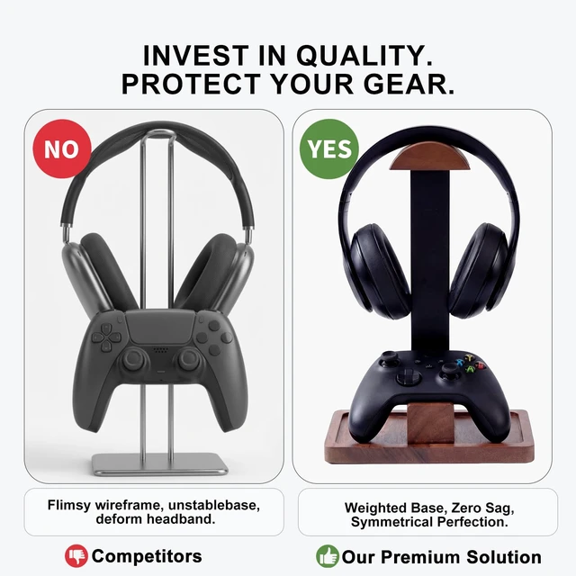 Alt view image 5 of 7 - Eccentfit Headset Stand with Gaming Controller Holder, Wood Stand | Walnut Wood Headphone Stand with Storage Base, Gaming Equipment Accessories for Desk Fits Xbox PS5 PS4 PC Gaming