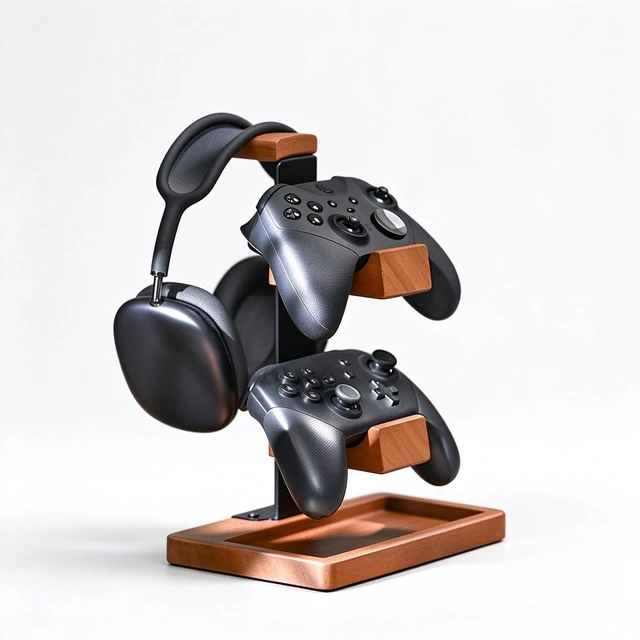 Main image of 2-in-1 Solid Wood Controller Holder and Headphone Stand with Storage Tray | Universal Gamepad Holder for Desktop Gaming Controller Organizer for PS5/PS4 Switch Controllers, Gaming Headphones