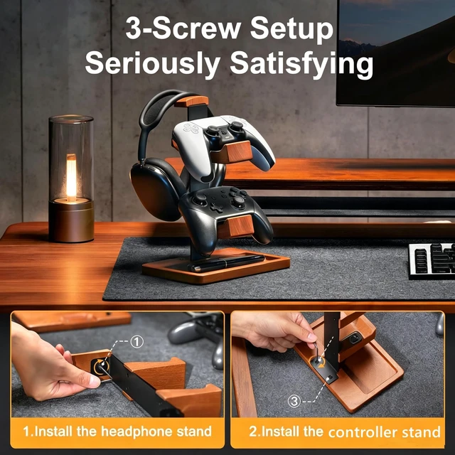 Alt view image 3 of 7 - 2-in-1 Solid Wood Controller Holder and Headphone Stand with Storage Tray | Universal Gamepad Holder for Desktop Gaming Controller Organizer for PS5/PS4 Switch Controllers, Gaming Headphones