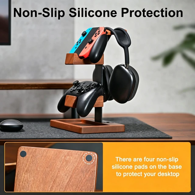 Alt view image 2 of 7 - 2-in-1 Solid Wood Controller Holder and Headphone Stand with Storage Tray | Universal Gamepad Holder for Desktop Gaming Controller Organizer for PS5/PS4 Switch Controllers, Gaming Headphones