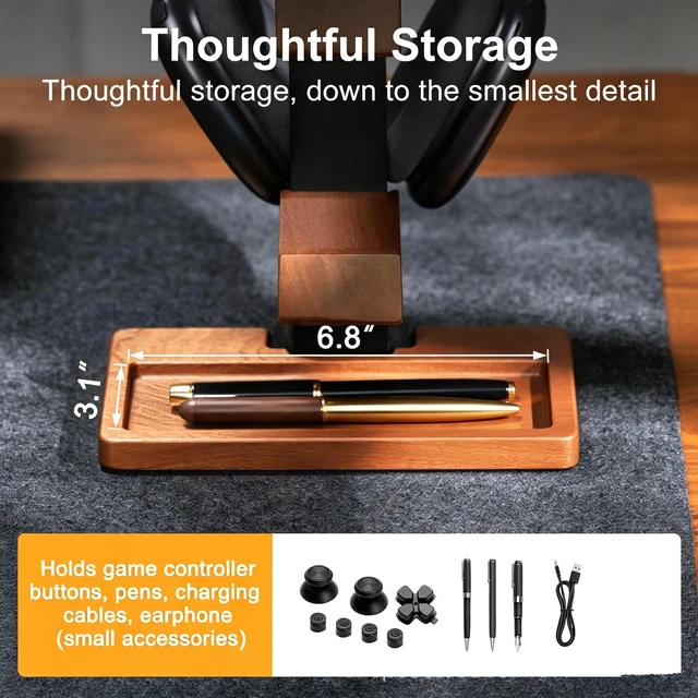 Alt view image 4 of 7 - 2-in-1 Solid Wood Controller Holder and Headphone Stand with Storage Tray | Universal Gamepad Holder for Desktop Gaming Controller Organizer for PS5/PS4 Switch Controllers, Gaming Headphones
