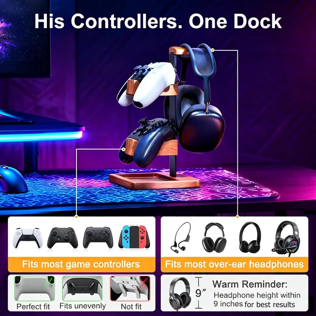 Alt view image 6 of 7 - 2-in-1 Solid Wood Controller Holder and Headphone Stand with Storage Tray | Universal Gamepad Holder for Desktop Gaming Controller Organizer for PS5/PS4 Switch Controllers, Gaming Headphones