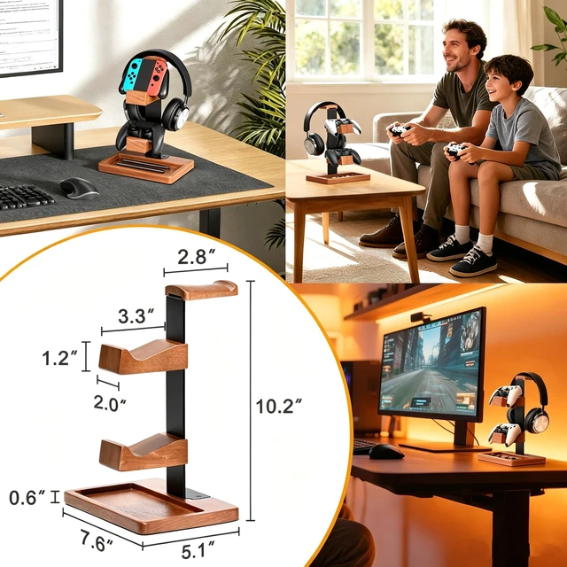 Alt view image 7 of 7 - 2-in-1 Solid Wood Controller Holder and Headphone Stand with Storage Tray | Universal Gamepad Holder for Desktop Gaming Controller Organizer for PS5/PS4 Switch Controllers, Gaming Headphones