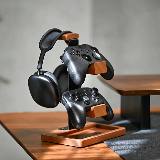 Alt view image 5 of 7 - 2-in-1 Solid Wood Controller Holder and Headphone Stand with Storage Tray | Universal Gamepad Holder for Desktop Gaming Controller Organizer for PS5/PS4 Switch Controllers, Gaming Headphones