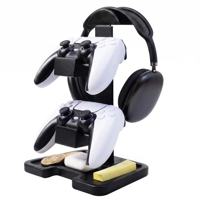 Main image of Gaming Equipment Headset Stand with Dual Controller Organizer Rack & Storage Base, Headphone Stand Gamer Gifts for Men Teenage Boy, Unique Gifts for Gamers to Organize Gaming Accessories (Black Wood)