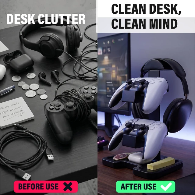 Alt view image 2 of 7 - Gaming Equipment Headset Stand with Dual Controller Organizer Rack & Storage Base, Headphone Stand Gamer Gifts for Men Teenage Boy, Unique Gifts for Gamers to Organize Gaming Accessories (Black Wood)