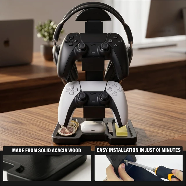 Alt view image 5 of 7 - Gaming Equipment Headset Stand with Dual Controller Organizer Rack & Storage Base, Headphone Stand Gamer Gifts for Men Teenage Boy, Unique Gifts for Gamers to Organize Gaming Accessories (Black Wood)